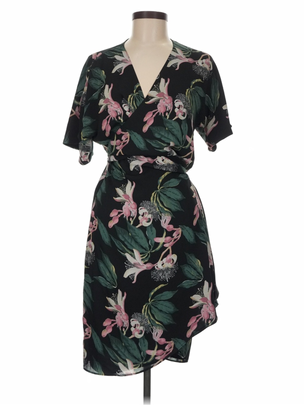 Babaton Black Wrap Mini Dress with Pink Floral & Green Leaves Size Small